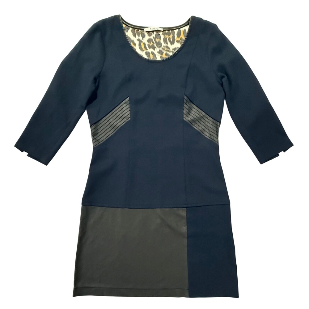 SFIZIO Made in Italy Dress Navy Blue Black Faux Leather Shift t 3/4 Sleeve (207)